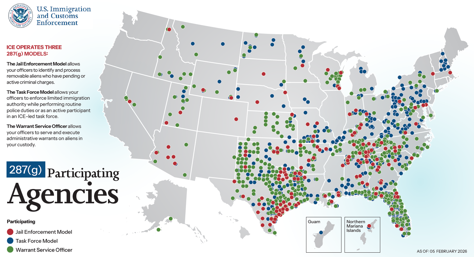 National map of 287(g) participating agencies as of February 2026